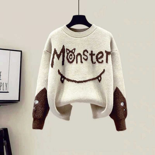 Monster Letter Print Sweater Fleece Vest Casual Pants Three Pieces - Modakawa modakawa