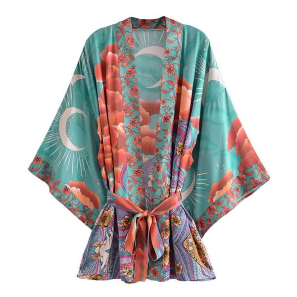 Vintage Moon Floral Print Cardigan Kimono Outerwear - Modakawa modakawa