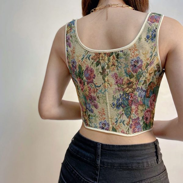 Vintage Floral Print Lace Up Corset Top - Modakawa Modakawa