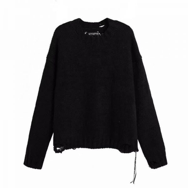 Skull Print Ripped Round Collar Knit Casaul Sweater - Modakawa Modakawa