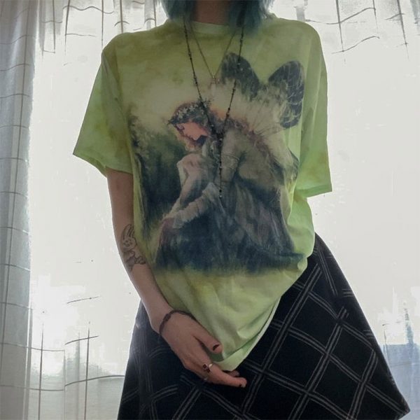 Dragonfly Fairy Print Round Callor T-Shirt - Modakawa modakawa