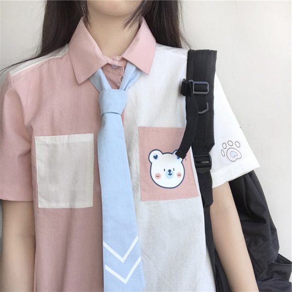 Cartoon Bear Print Colorblock Pocket Tie T-Shirt - Modakawa modakawa